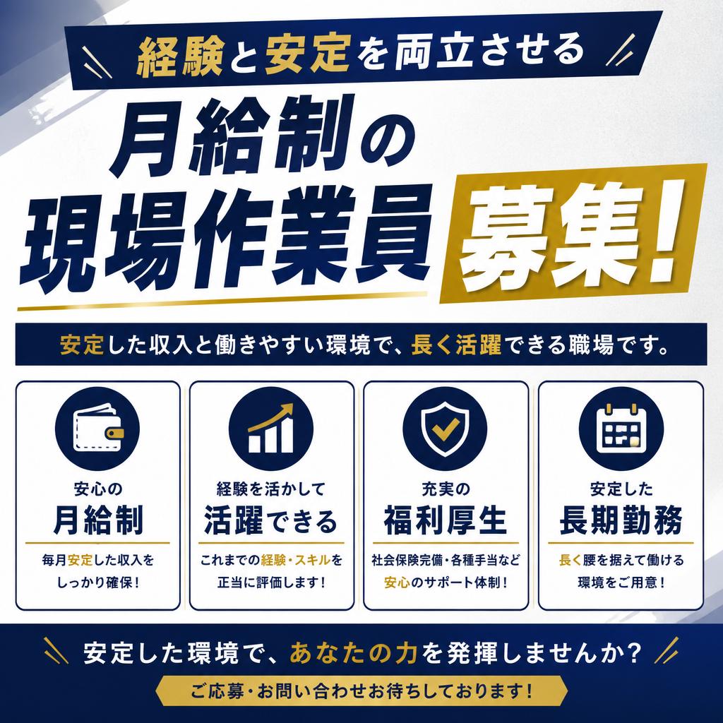 経験と安定を両立させる月給制の現場作業員募集！